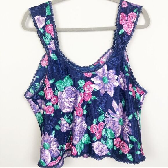 PINX | Vintage Floral Semi Cropped Tank Satin Silk Look XL - Picture 6 of 7